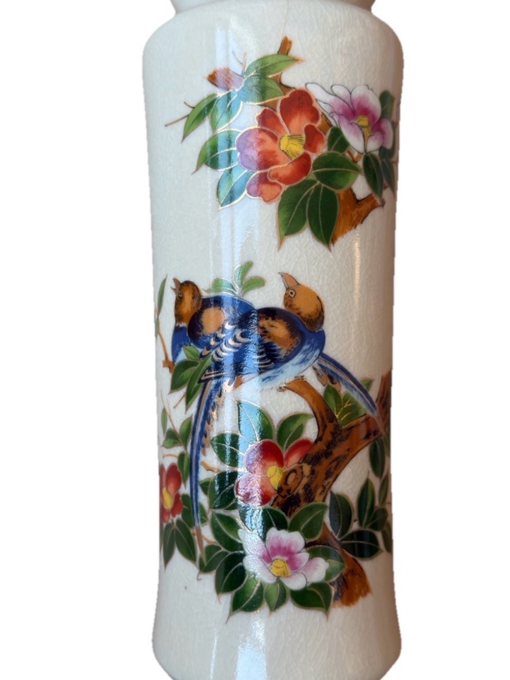 Vintage Japanese Kutani Satsuma Style Vase 11” Crackle Glaze Birds & Camellias - Picture 2 of 9